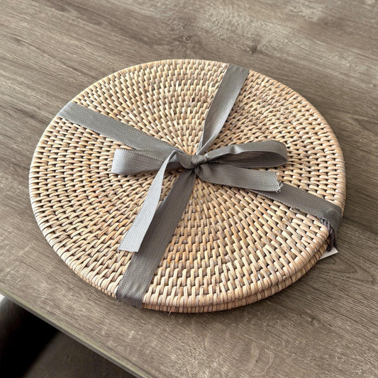 Set of Two Whitewash Round Rattan Placemats