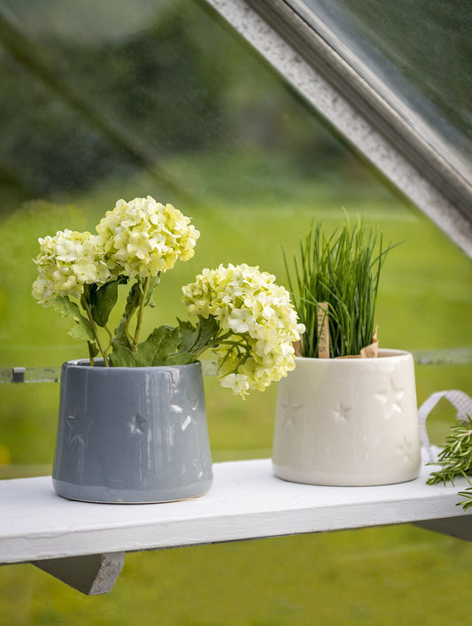 Grey and Ivory Plant Pot with Embossed Stars