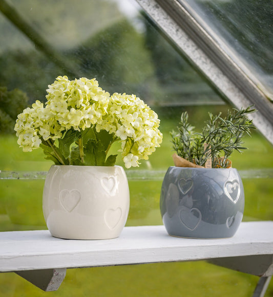 Grey and Ivory Plant Pots with Embossed Hearts