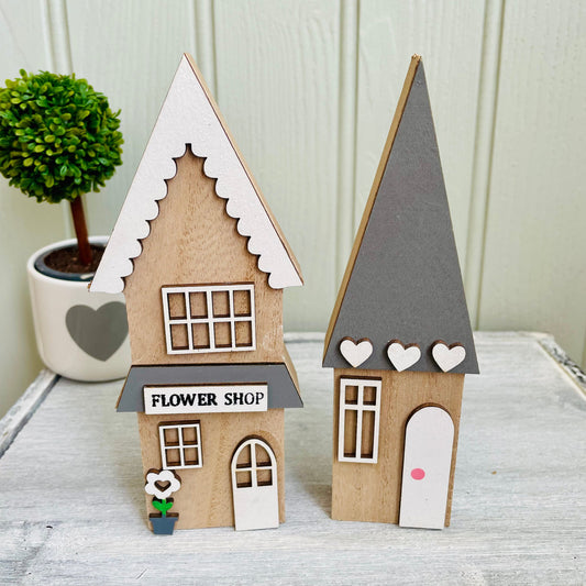 Set of Two Rustic Decorative Wooden House Block Ornaments