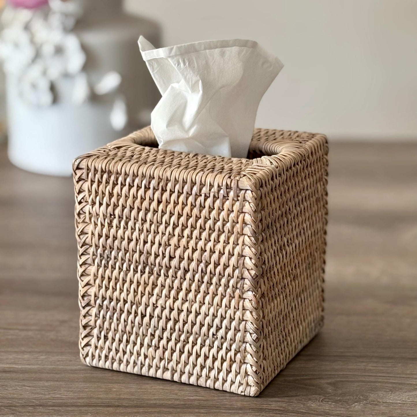 Whitewash Rattan Square Tissue Box Holder