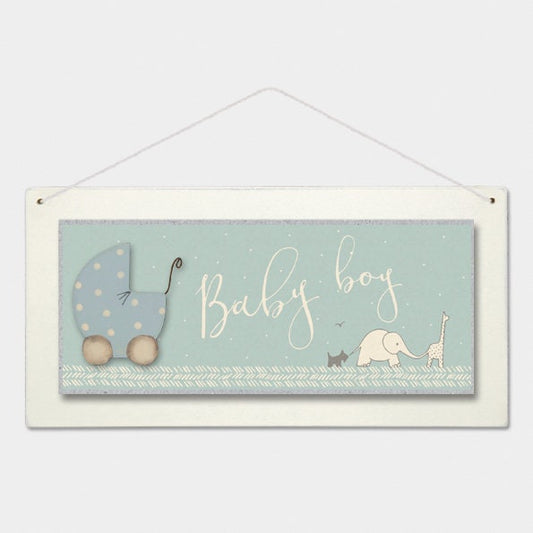 Baby Boy Nursery Sign with Wooden Pram Detail and Animal Artwork