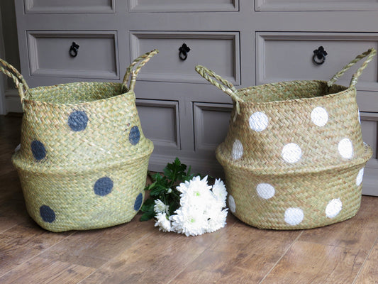 Grey Polka Dot Seagrass Basket | Storage Basket | Planter | Dog Toy Basket | Hamper Basket