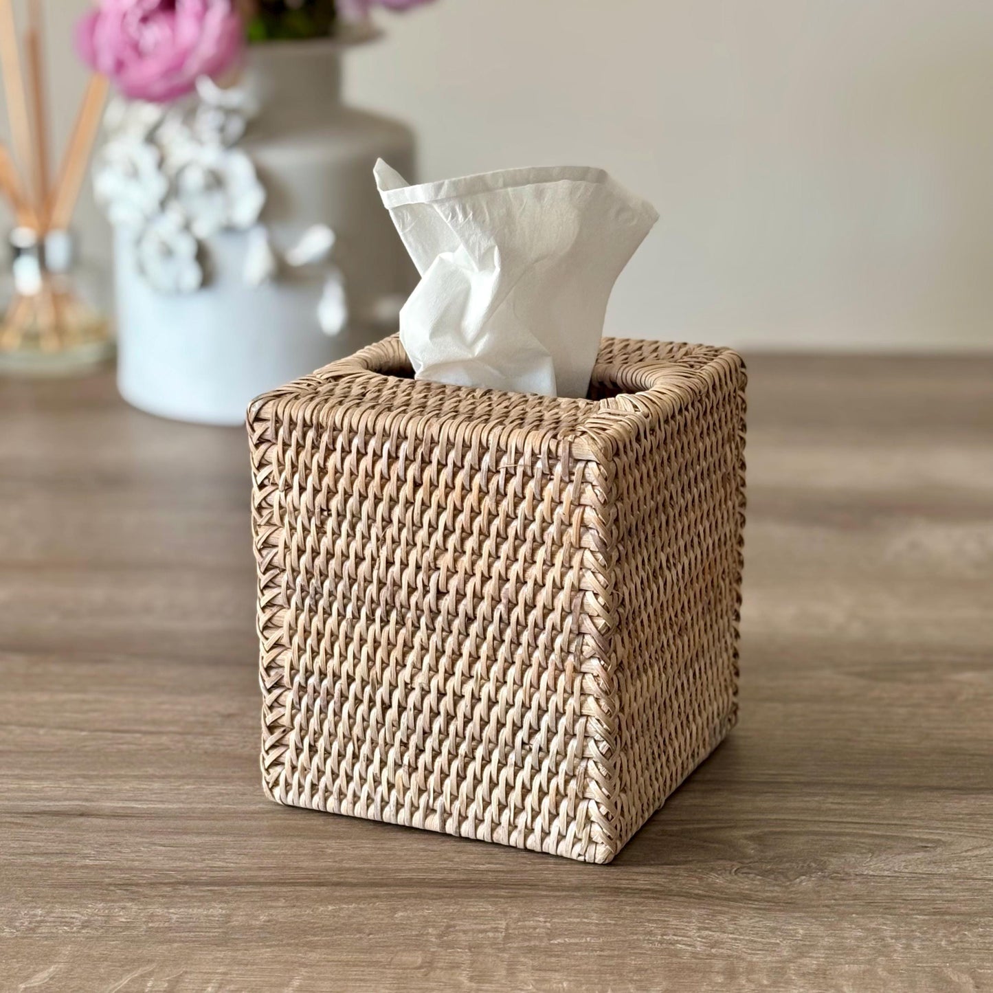 Whitewash Rattan Square Tissue Box Holder