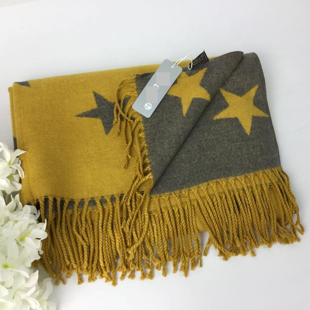Mustard & Grey Cashmere Blend Star Print Reversible Tasseled Autumn Winter Scarves