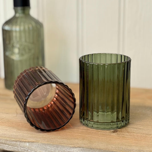 Ridged Glass Bathroom Tumblers | Green & Amber | Vintage Inspired Bathroom Decor