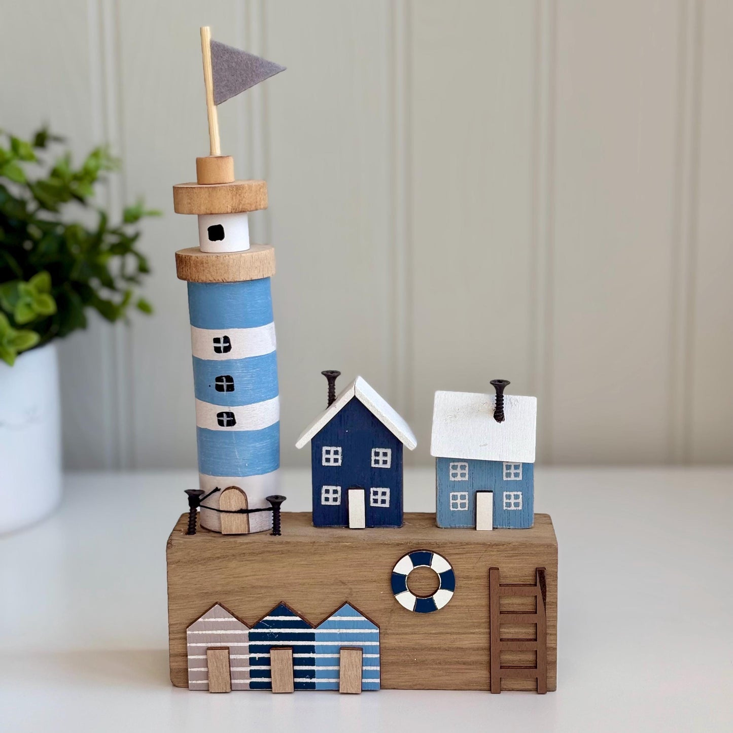 Wooden Seaside Lighthouse Scene Ornament