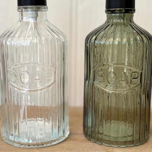 Ridged Glass Soap Dispenser | Green & Clear Vintage Inspired Bathroom Decor