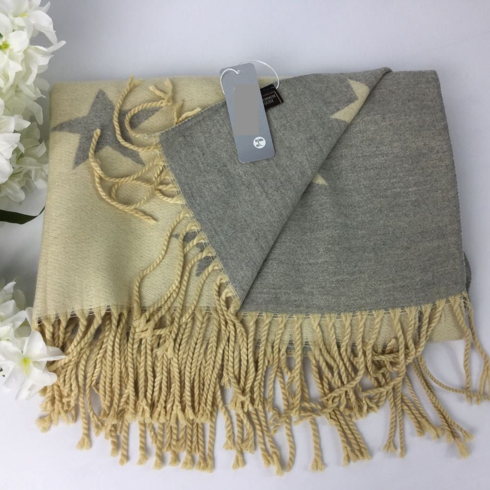 Beige & Grey Cashmere Blend Star Print Reversible Tasseled Autumn Winter Scarves