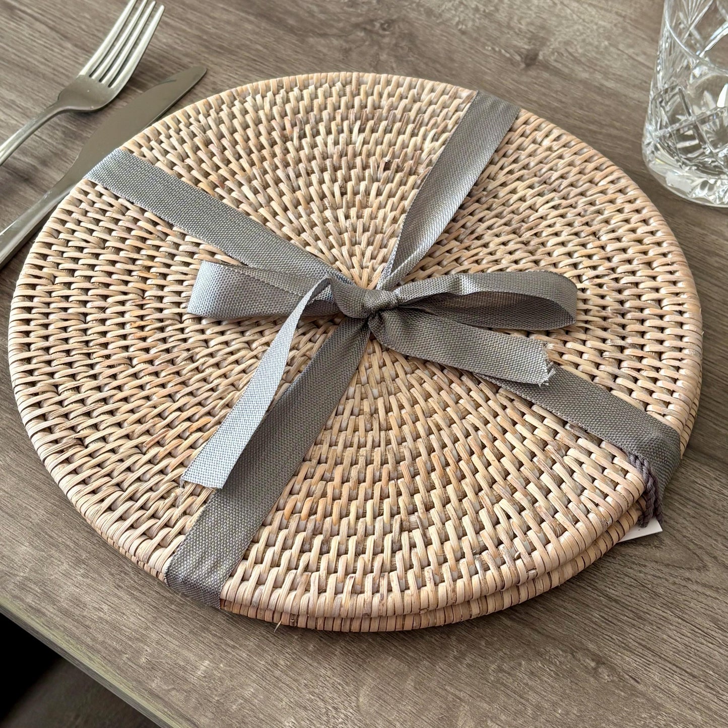 Set of Two Whitewash Round Rattan Placemats