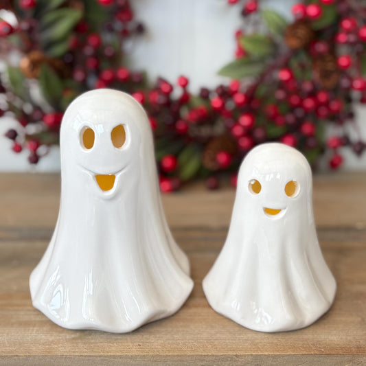 Ceramic LED Ghost Ornament | Glossy White Halloween Decoration | Cute Light Up Ghost Figurine | Spooky Home Decor | Friendly Ghost