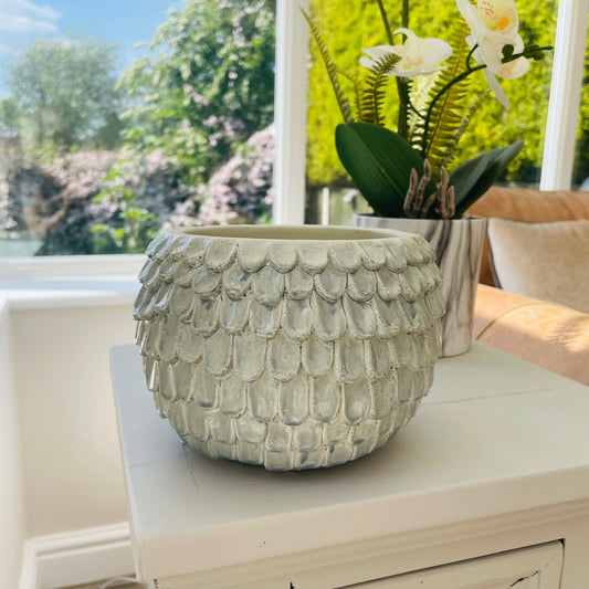 Indoor Plant Pot | Textured Scallop Glazed Green Grey Plant Pot