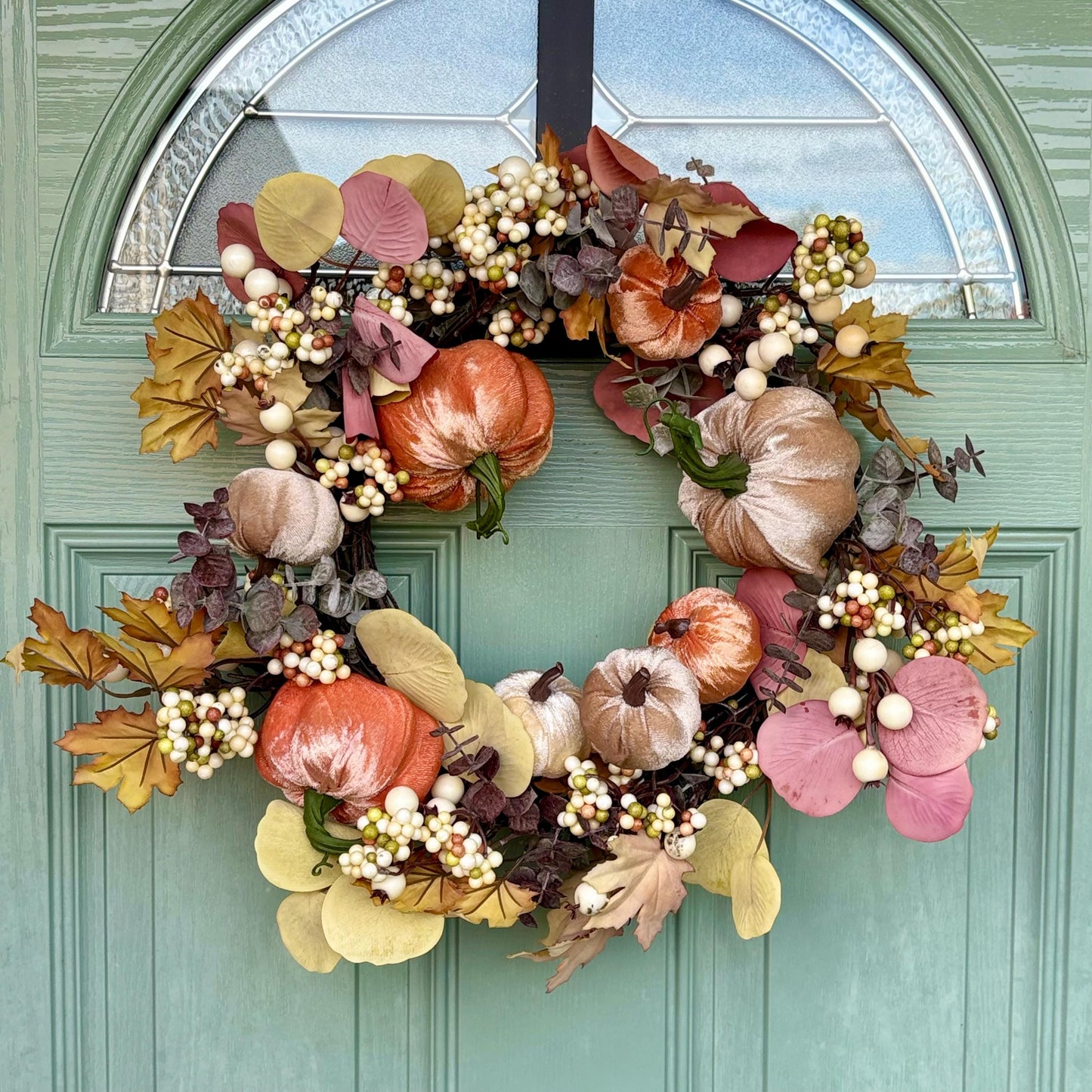 Autumn Velvet Pumpkin Wreath | Autumn Door Wreath with Faux Leaves & Berries
