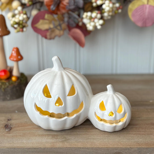 White Ceramic LED Pumpkin Duo | Jack O'Lantern Halloween Decor | Light-Up Autumn Fall Table Ornaments