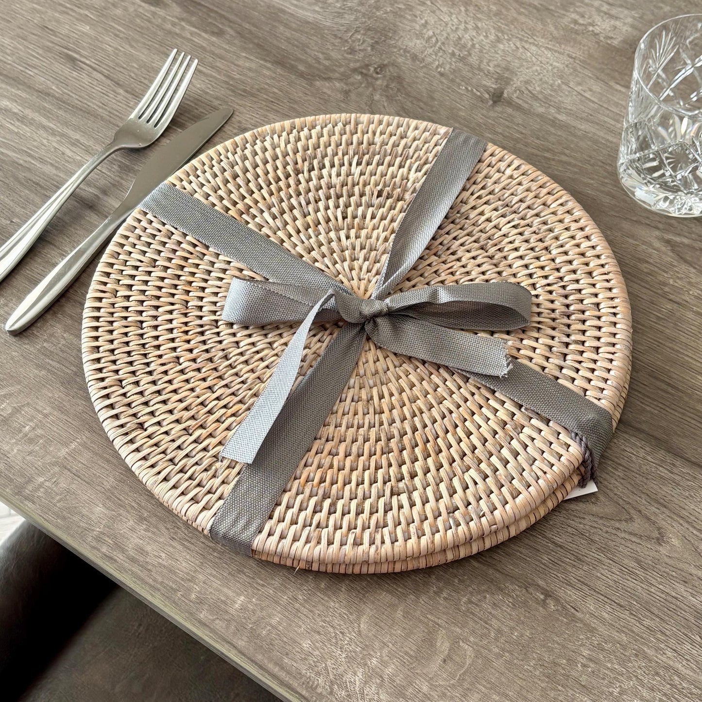 Set of Two Whitewash Round Rattan Placemats