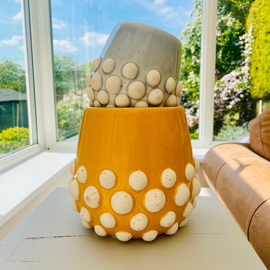 Indoor Plant Pots | Grey & Yellow Crackle Glaze Ceramic Textured Bobble Planters