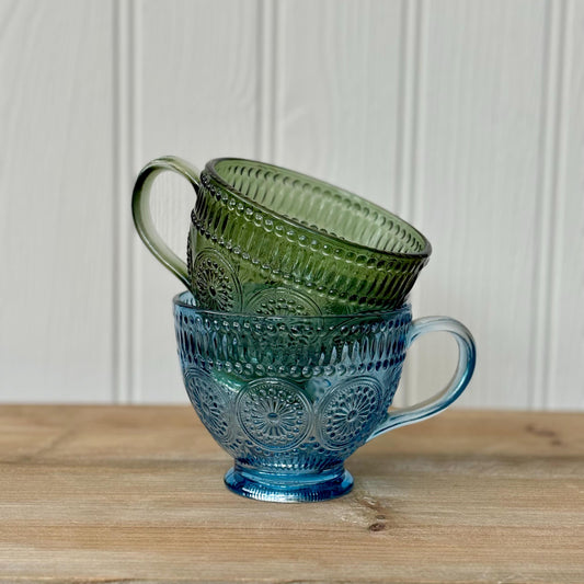 Embossed Pressed Glass Mugs | Blue & Green Embossed Vintage Style Glassware