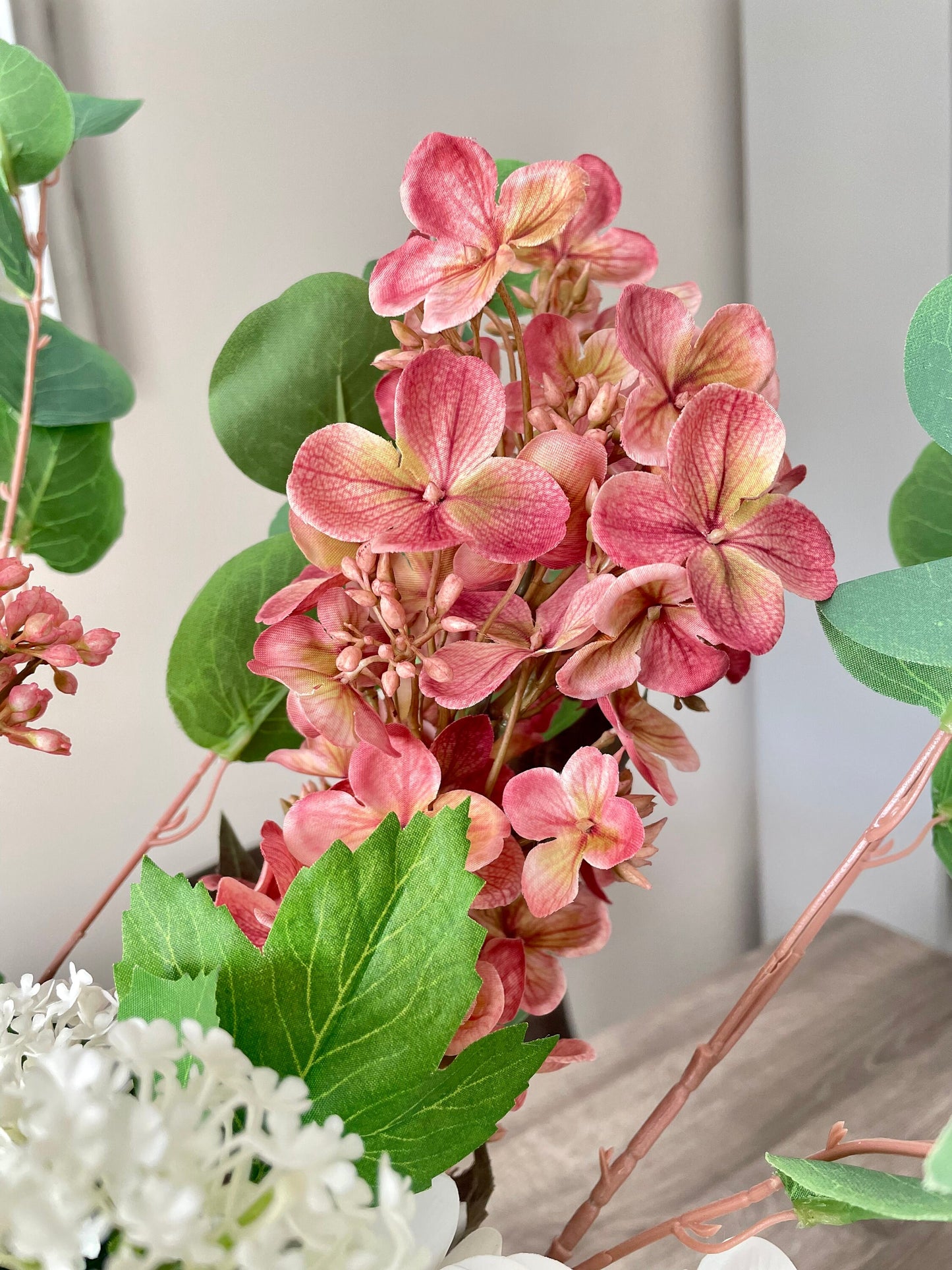 Artificial White and Pink Hydrangea Flower Arrangement | Faux Hydrangea Bouquet Arrangement