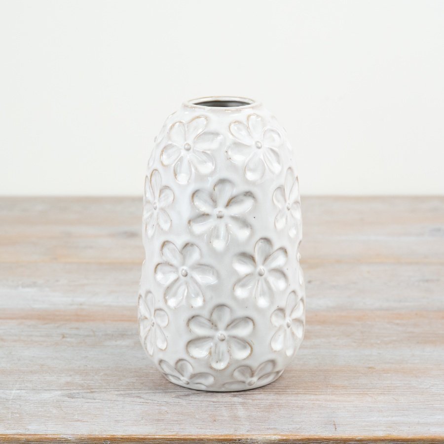 White Ceramic Flower Vase with Embossed Floral Detail