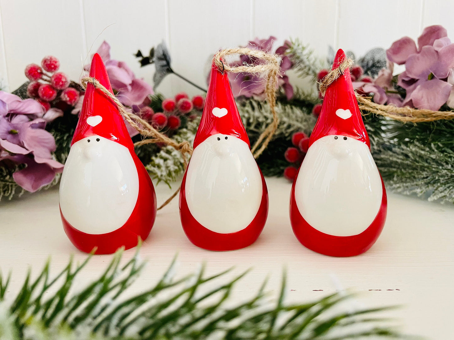 Set of Three Red and White Ceramic Santa Gonk Christmas Baubles