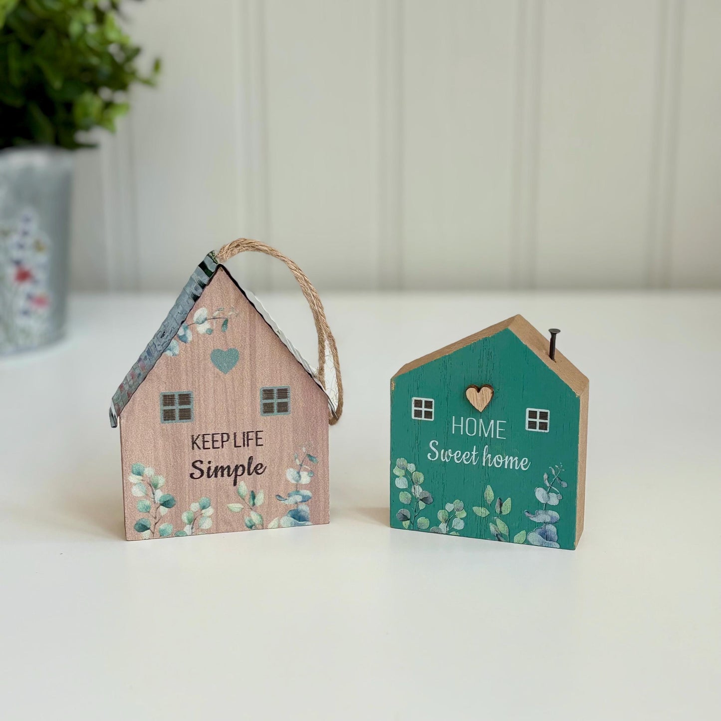 Set of Two Mini Wooden House Block Decorations