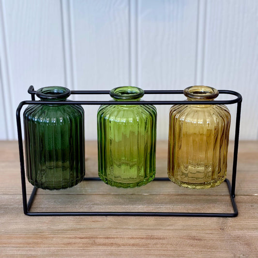 Set of 3 Ribbed Glass Bud Vases with Metal Stand – Green, Amber & Dark Green | Vintage-Style Mini Vase Trio | Rustic Table or Shelf Decor