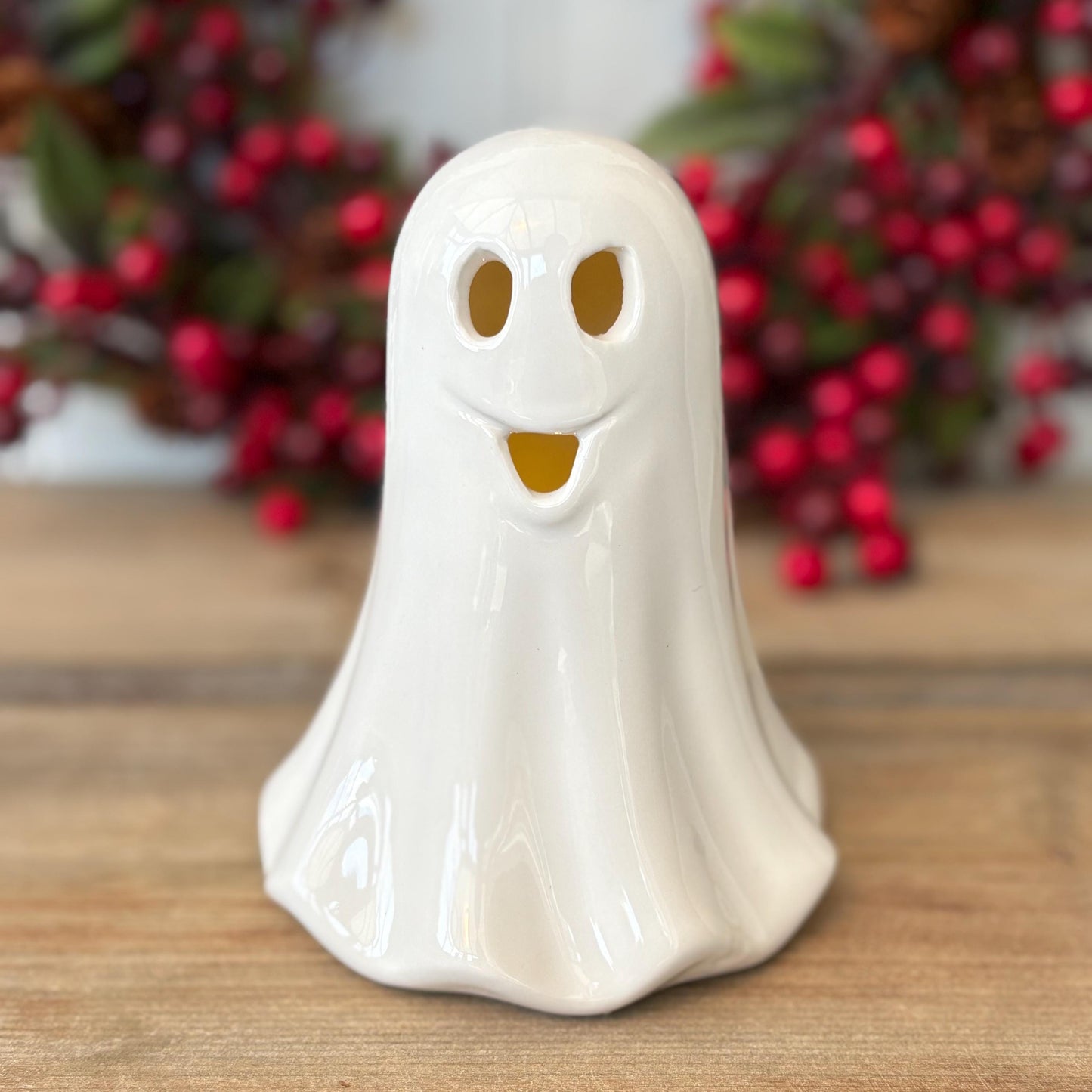 Ceramic LED Ghost Ornament | Glossy White Halloween Decoration | Cute Light Up Ghost Figurine | Spooky Home Decor | Friendly Ghost
