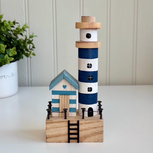 Wooden Seaside Lighthouse Scene Block Ornament