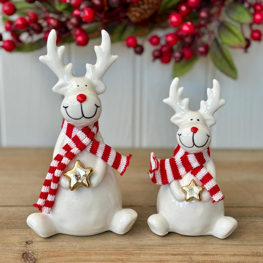 White Ceramic Christmas Sitting Reindeer with Red & White Scarves | Christmas Ceramic Figurine Ornaments