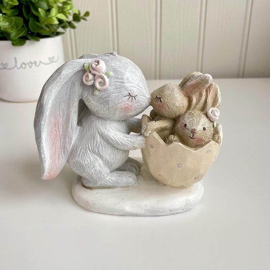 Rabbit with Babies in Egg Shell Ornament