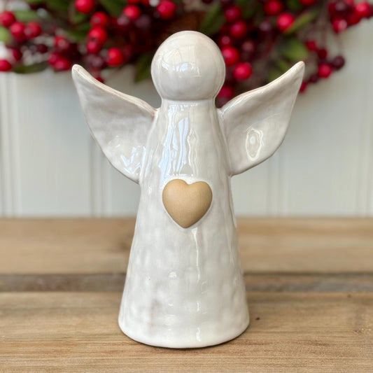 Ceramic Angel Ornament with Heart | Glazed White Angel Figurine | Guardian Angel Gift