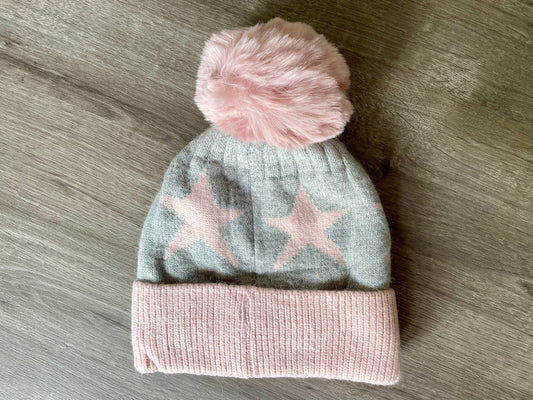 Grey and Pink Star Bobble Hat with Faux Fur Pom Pom