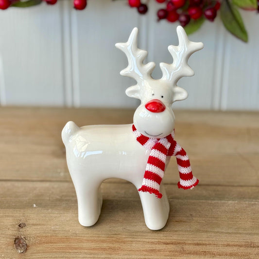 White Ceramic Christmas Reindeer Ornament with Knitted Scarf | White Christmas Reindeer with Red Nose & Scarf | Festive Christmas Decor