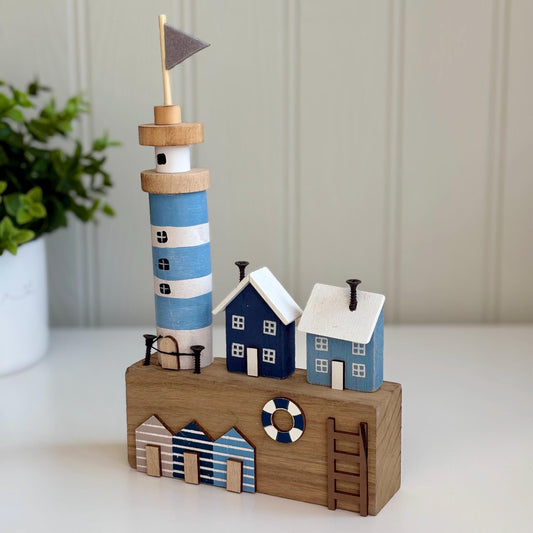Wooden Seaside Lighthouse Scene Ornament