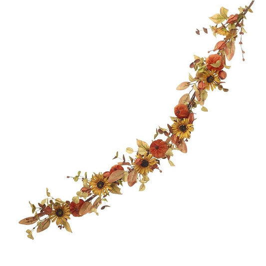 Autumn Faux Sunflower & Pumpkin Garland – Fall Mantel Decor | Rustic Autumn Fireplace Garland