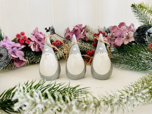Set of Three Grey and White Ceramic Santa Gonk Christmas Baubles