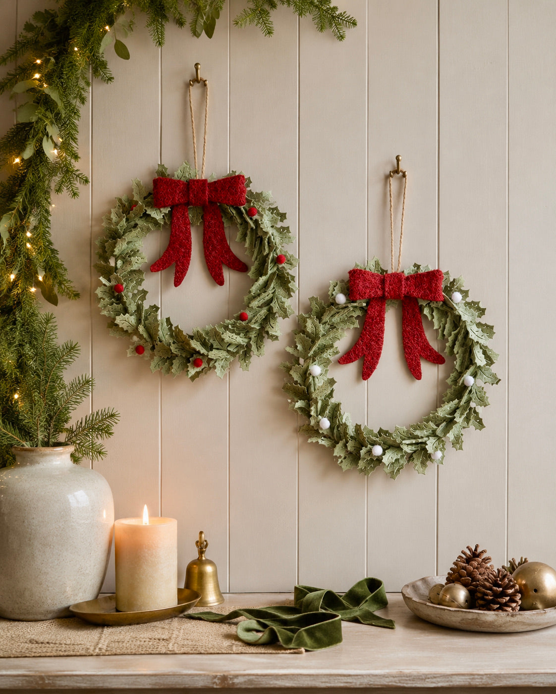 Christmas Felt Holly Leaf Wreaths with Red Bow