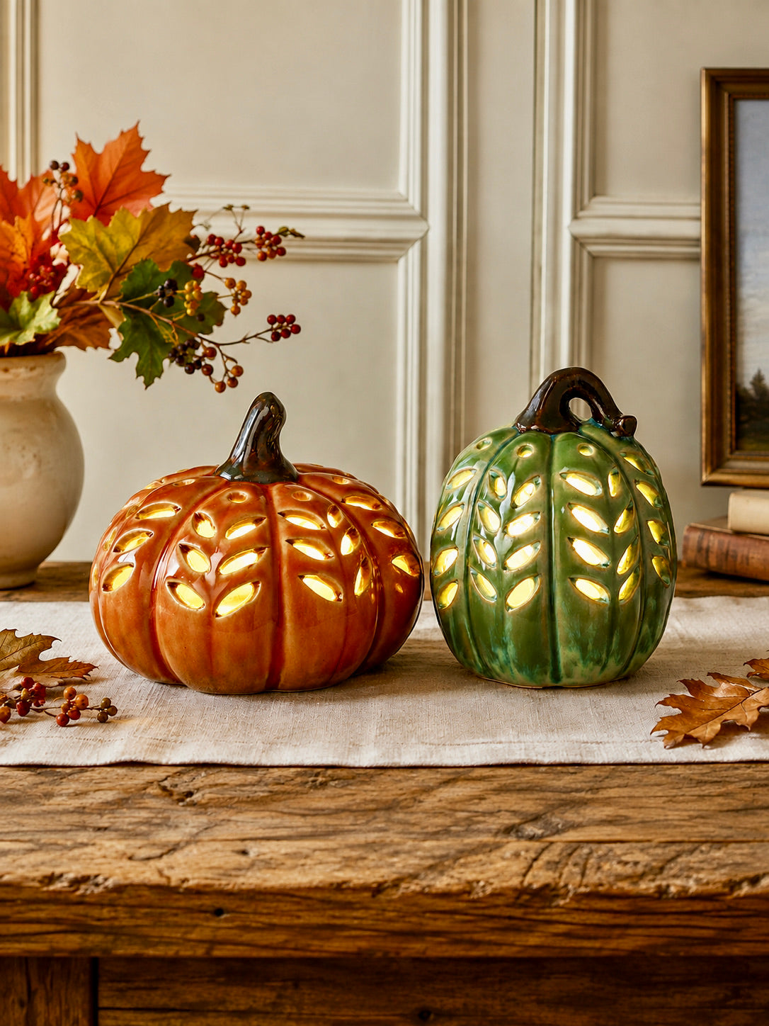 Ceramic Autumn LED Pumpkin Squash Ornaments Green & Orange