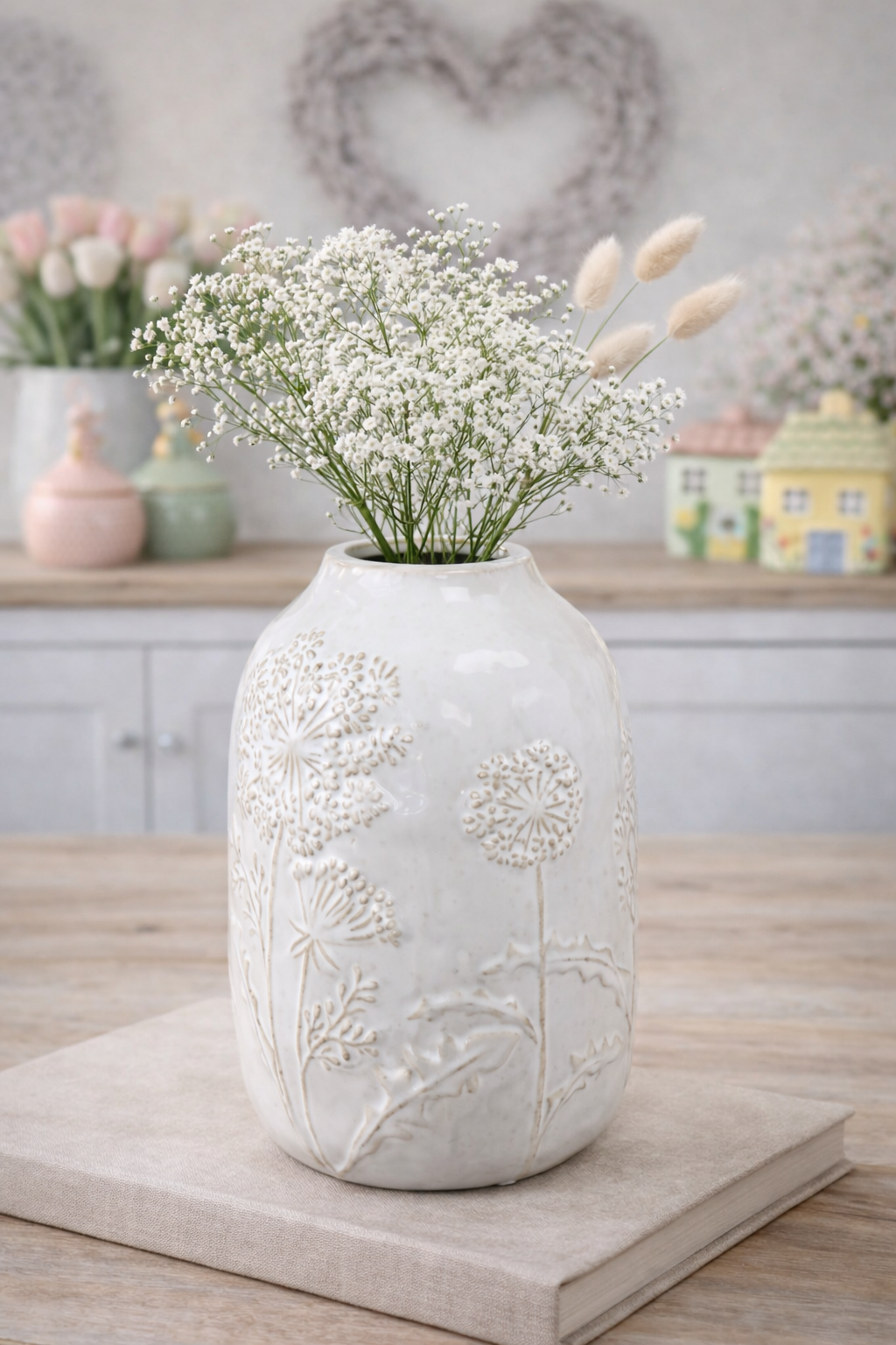 Large White Ceramic Embossed Flower Vase