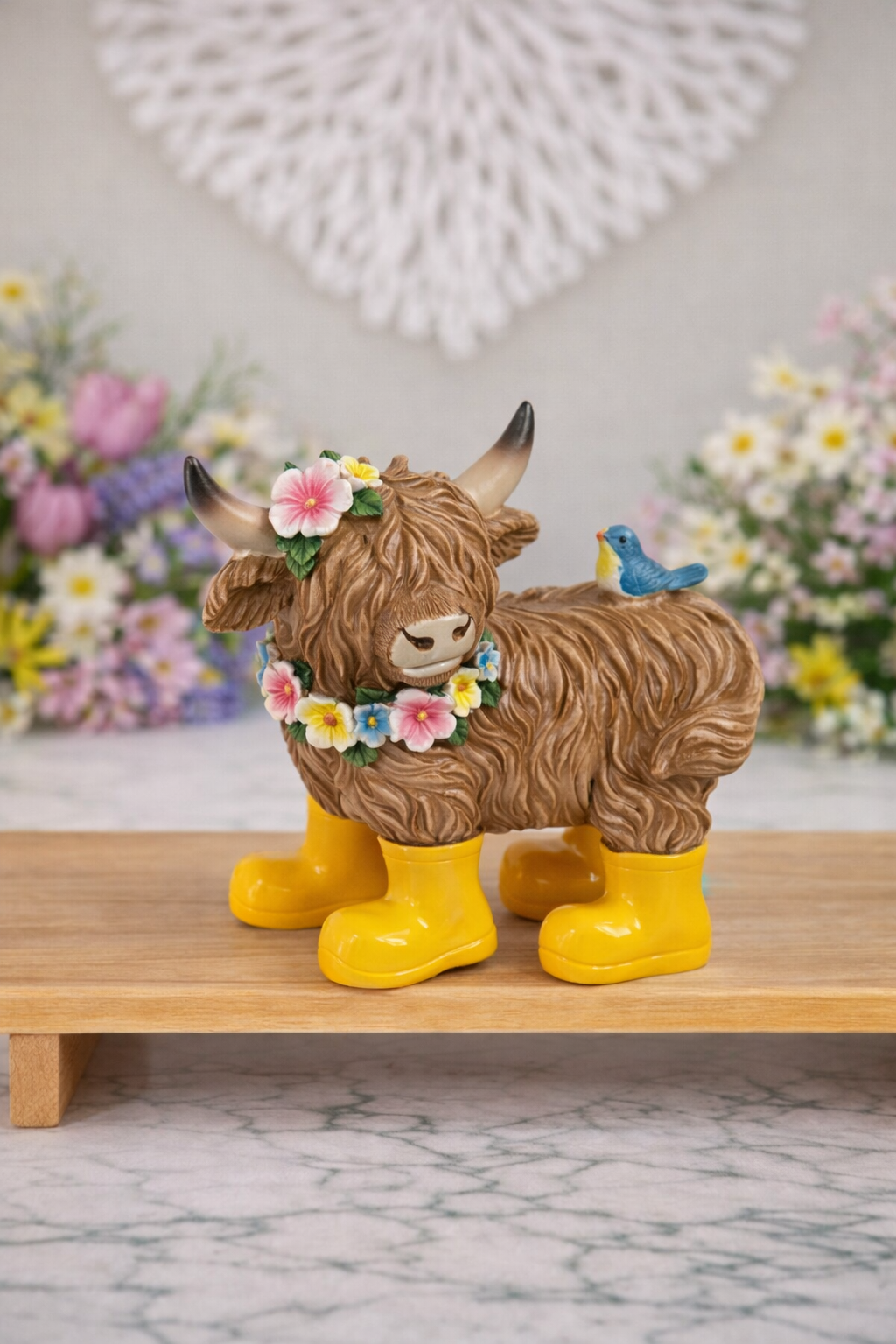 Spring Highland Cow Figurine Ornament with Yellow Boots - Daisy Cow