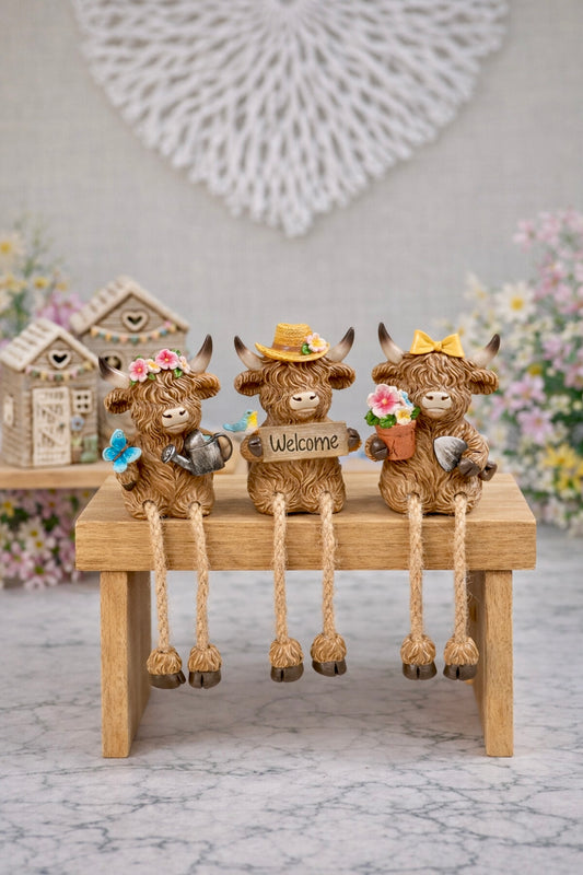 Resin Shelf Sitting Highland Cow Ornaments - Elsie, Charlie & Willow Cows