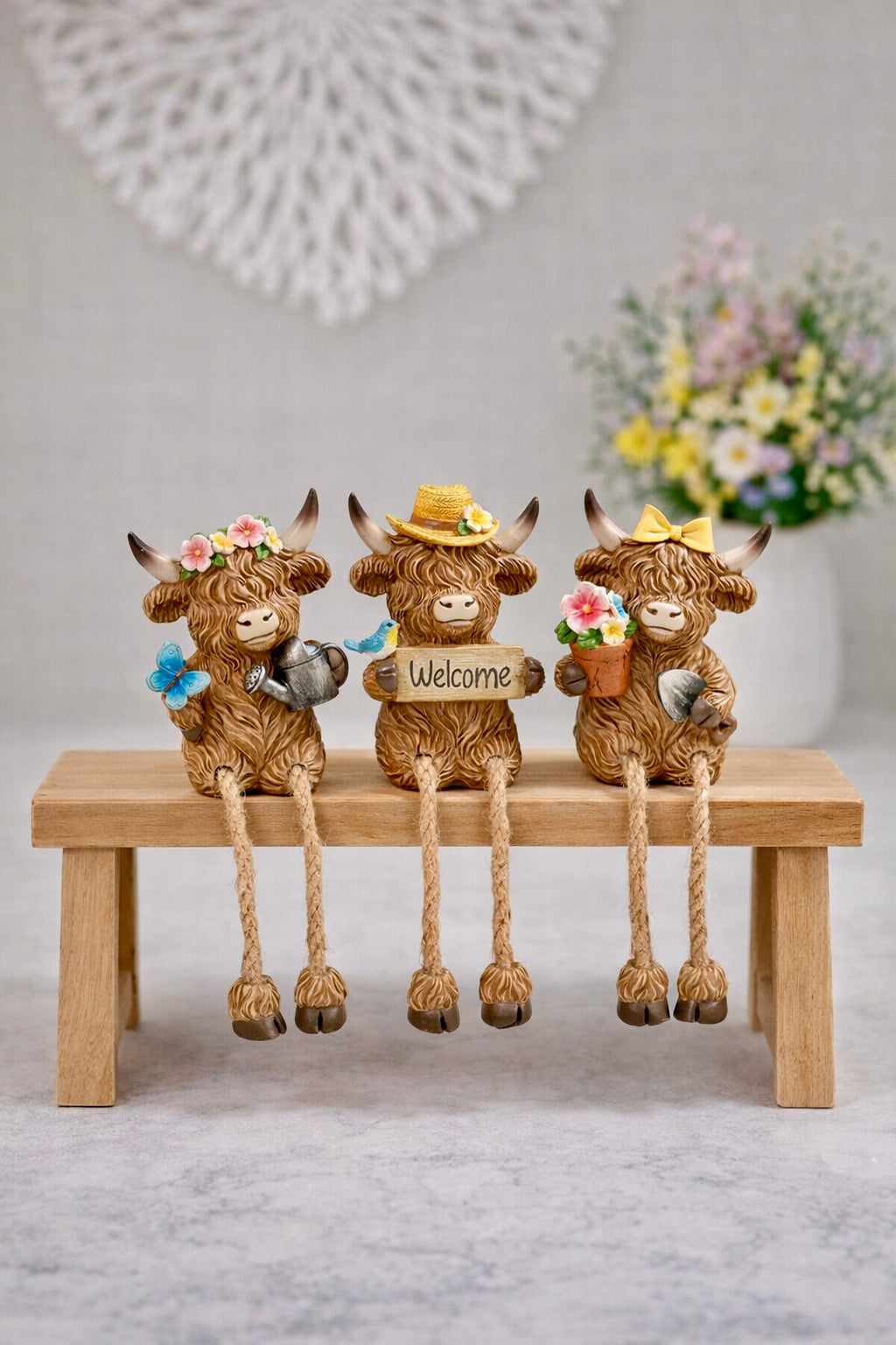 Resin Shelf Sitting Highland Cow Ornaments - Elsie, Charlie & Willow Cows