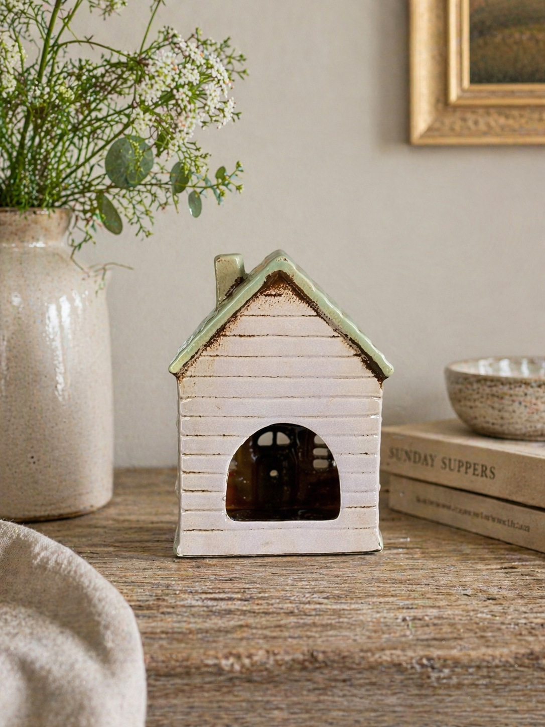 Ceramic Tea Light Cottage With Bunting Ornament