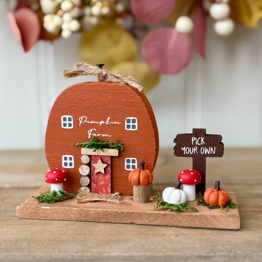 Pumpkin Farm Cottage Block Ornament – Rustic Autumn Tiered Tray & Fall Shelf Décor