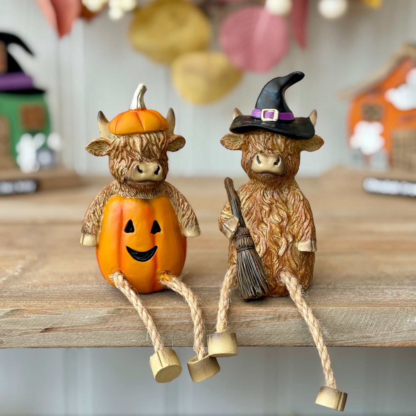 Highland Cow Autumn Halloween Pumpkin & Witch Shelf Sitters