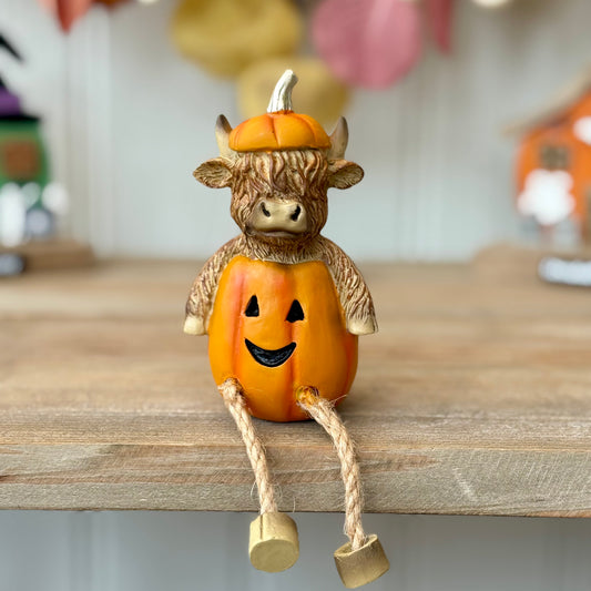Highland Cow Autumn Halloween Pumpkin & Witch Shelf Sitters