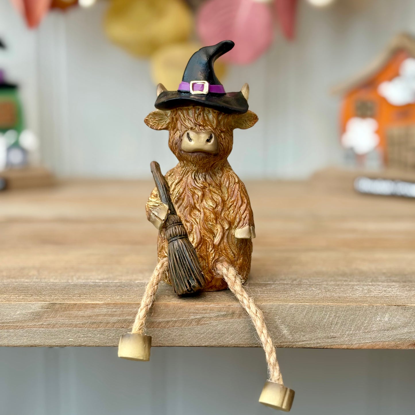 Highland Cow Autumn Halloween Pumpkin & Witch Shelf Sitters