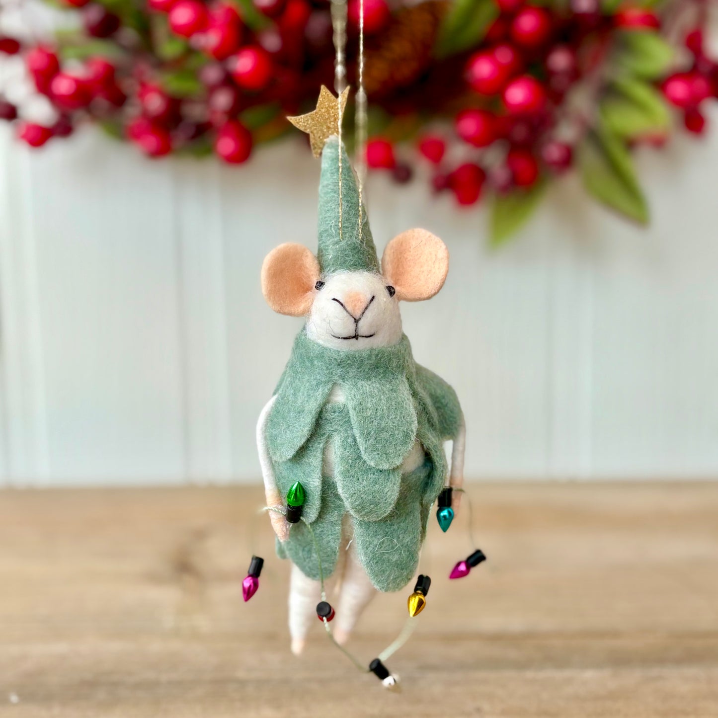 Felt Mouse Christmas Tree Hanger with Decorative Fairy Lights