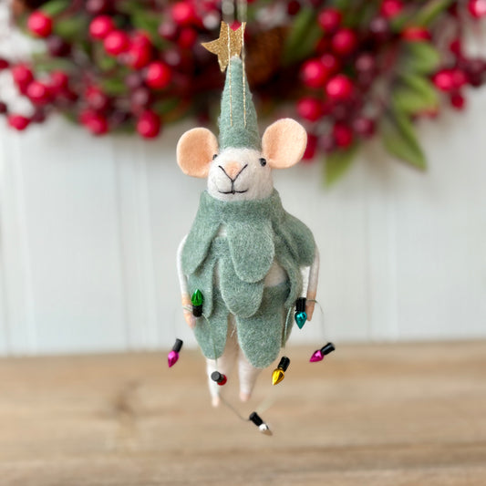 Felt Mouse Christmas Tree Hanger with Decorative Fairy Lights
