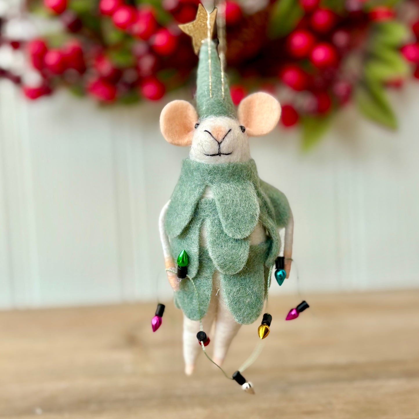 Felt Mouse Christmas Tree Hanger with Decorative Fairy Lights